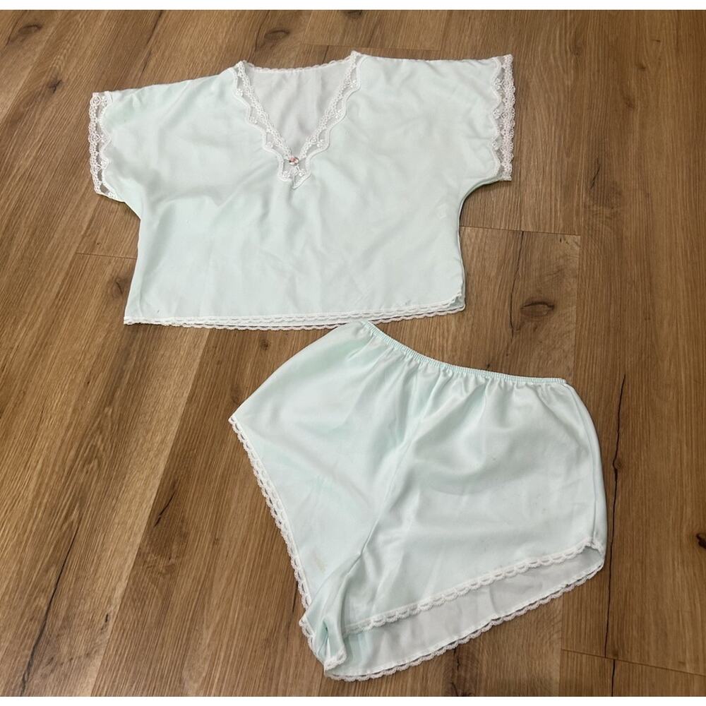 Vintage Pale Blue Nylon Pajama Set Lace Trim Crop Top Tap Shorts Lingerie M -